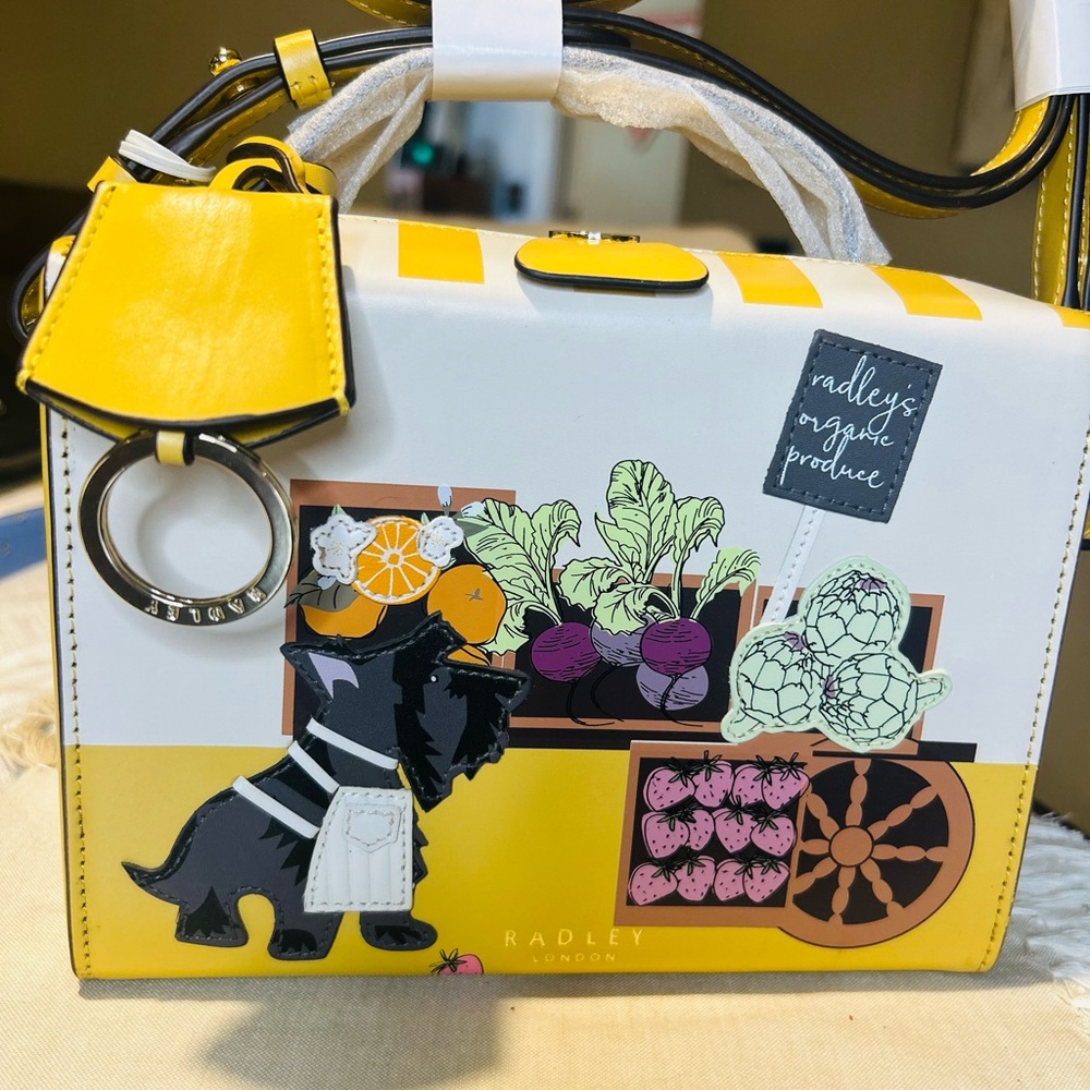 RADLEY LONDON Lovely Jubilly Yellow and White Satchel with Market Design NWT